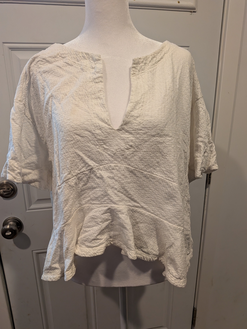 Anthropologie Cotton White Textured Split-Neck Peplum Blouse